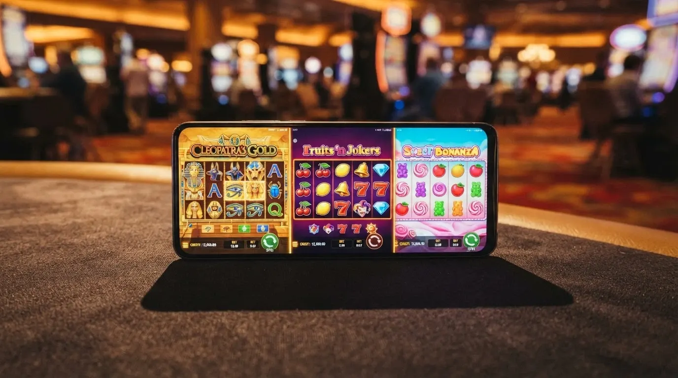 Tre schermate affiancate di slot machine popolari (Book of Dead, Mega Joker, Sugar Rush 1000) in esecuzione su un telefono Android in orientamento orizzontale