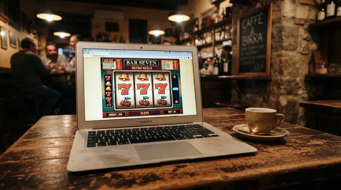 Slot machine in stile bar con rulli di frutta visualizzata nel browser di un computer