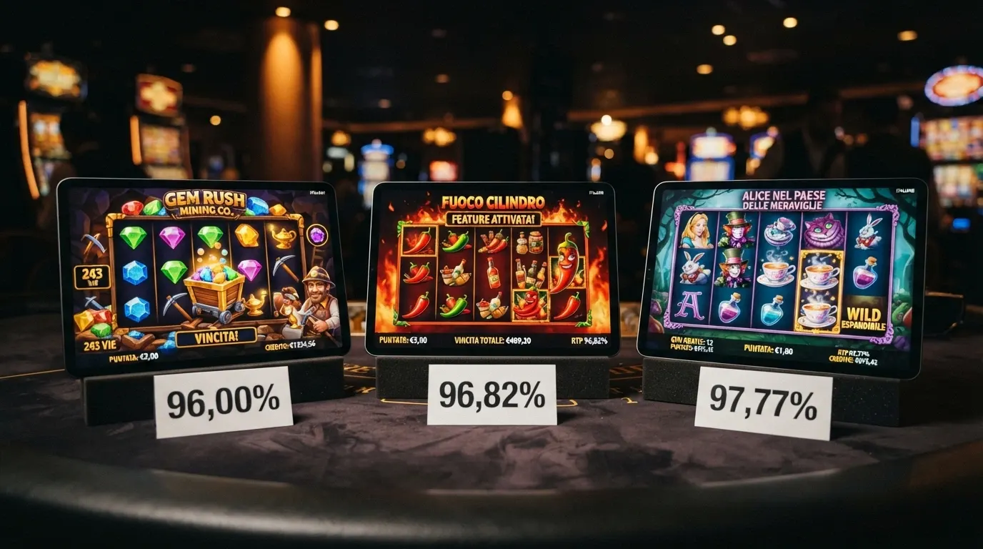 Le schermate di gioco di Bonanza Megaways, Extra Chilli e White Rabbit affiancate con l'RTP di ciascuna in evidenza