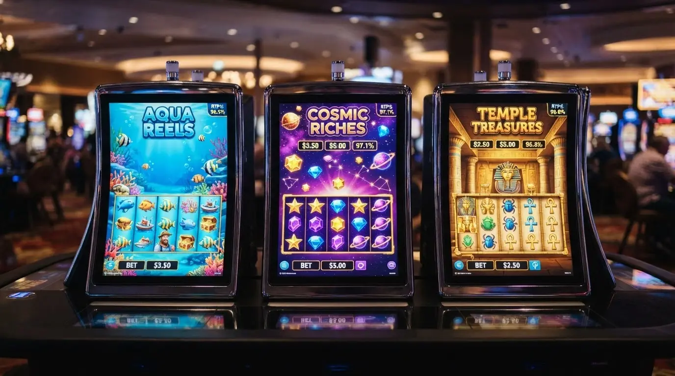 Tre slot machine affiancate — Big Bass Bonanza, Starburst e Book of Dead — con i rispettivi valori RTP in evidenza