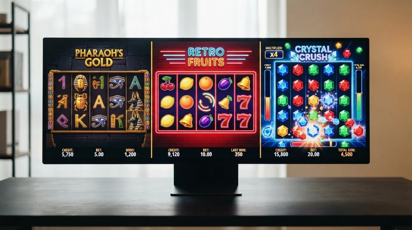 Tre slot machine affiancate sullo schermo di un computer, con interfacce diverse: una a tema egizio, una classica con frutti e una con grafica moderna a cascata
