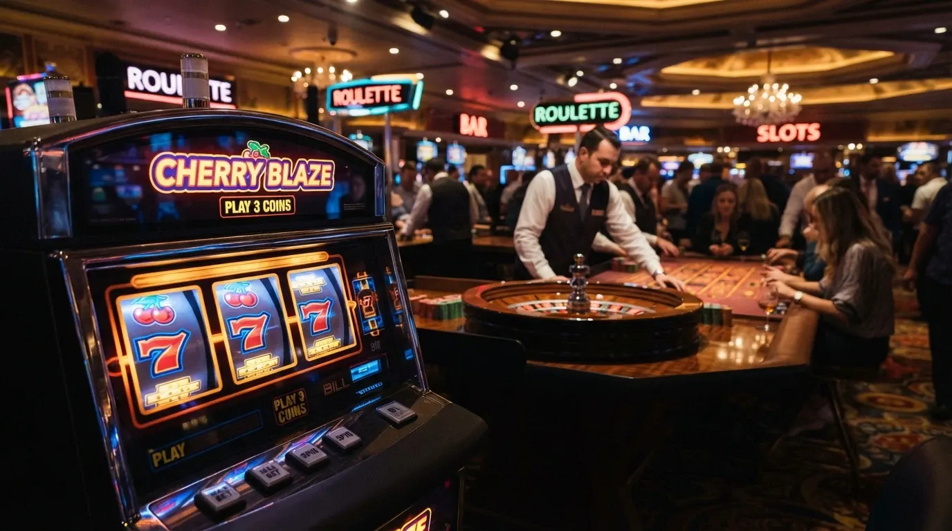 Una slot machine digitale con rulli in movimento e una roulette dal vivo sullo sfondo