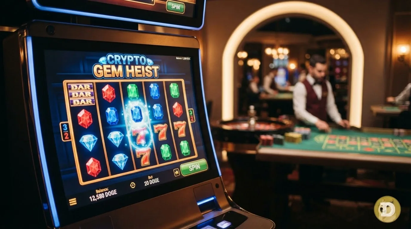 Una schermata di casinò con una slot machine in primo piano e un tavolo di roulette live in secondo piano, con il simbolo DOGE nell'angolo