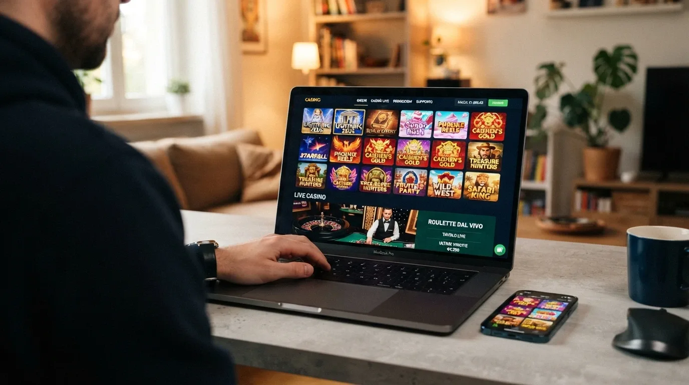 Una griglia di copertine di slot (la grafica di Gates of Olympus, Book of Dead e Starburst) affiancata da un tavolo da roulette con croupier dal vivo su schermo