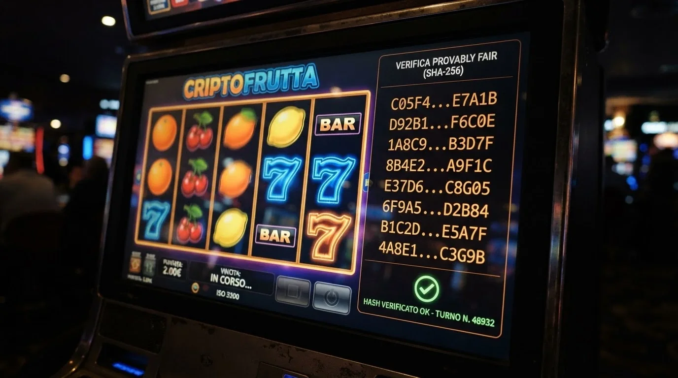 Una slot machine digitale con l'interfaccia di verifica provably fair aperta accanto ai rulli, in trasparenza