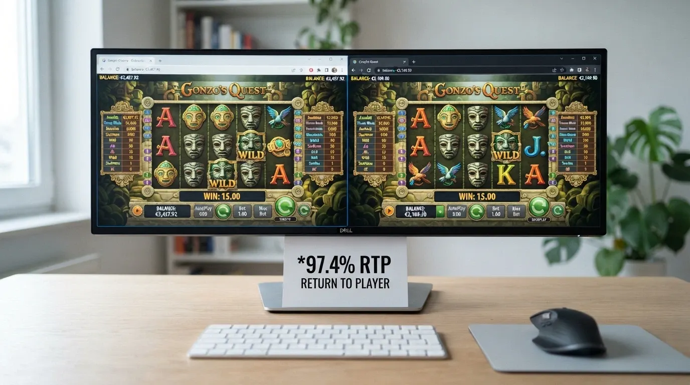 Una slot machine online in esecuzione su un browser moderno con l'indicatore di RTP e volatilità in evidenza, affiancata dalla stessa slot in versione a soldi veri per mostrare l'identità dell'interfaccia
