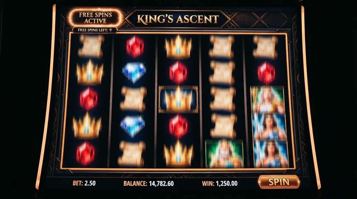 Schermata di una slot machine online con rulli in movimento e l'indicatore dei giri gratis attivi