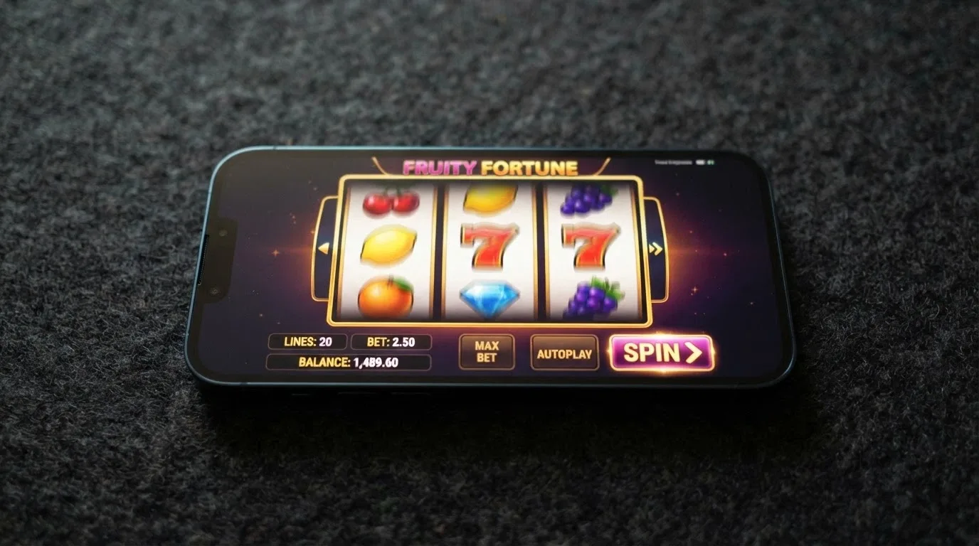 iPhone in orientamento orizzontale con i rulli di una slot machine colorata in esecuzione, l'interfaccia touch visibile.