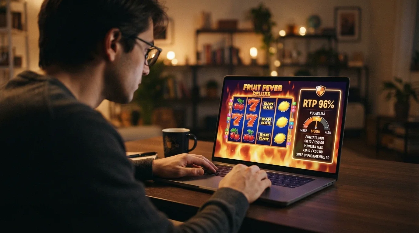 Una schermata di slot online con il pannello delle informazioni aperto, dove sono visibili il logo del provider, la percentuale RTP e l'indicatore di volatilità