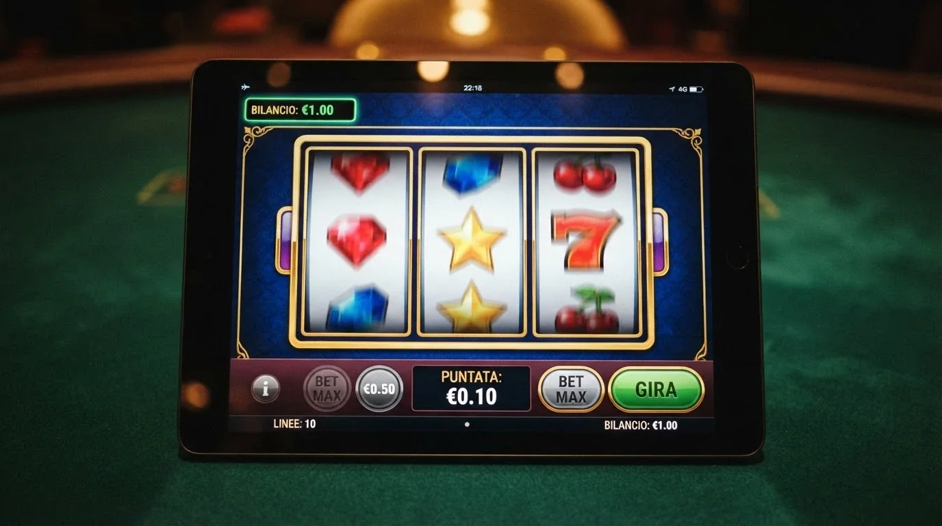 Una slot machine online in primo piano con il pannello della puntata impostato su 0.10€ e il contatore del saldo che mostra 1.00€