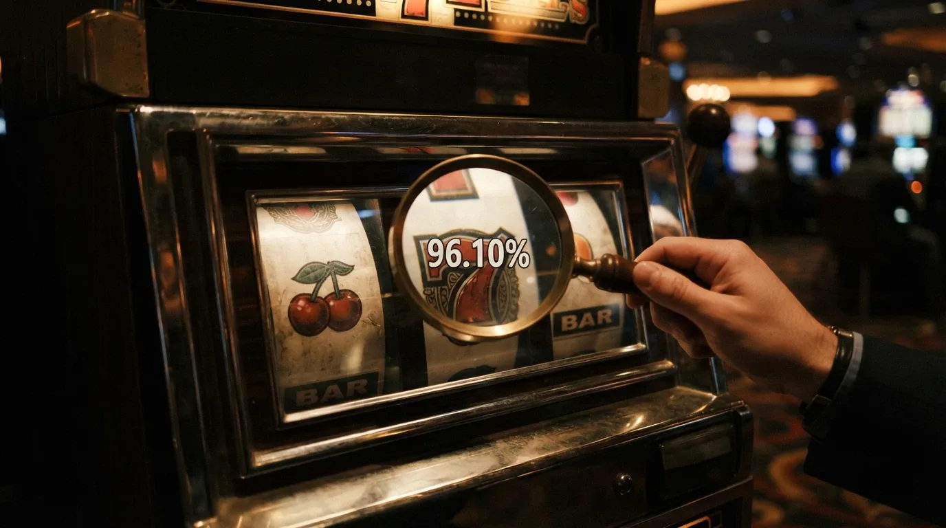 Tre rulli di slot machine stilizzati con accanto una lente di ingrandimento che rivela la percentuale RTP incisa sul simbolo centrale