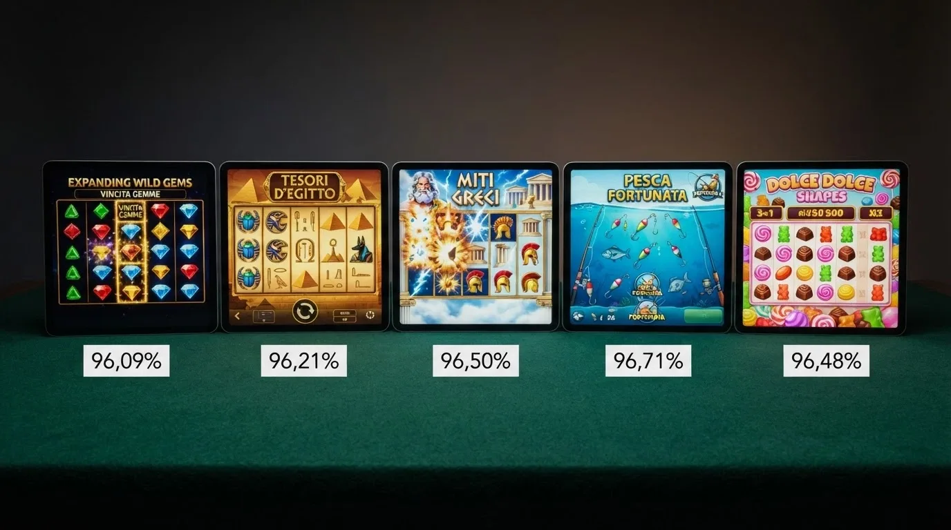 Griglia di slot con i titoli più diffusi: Starburst, Book of Dead, Gates of Olympus, Big Bass Bonanza, Sweet Bonanza