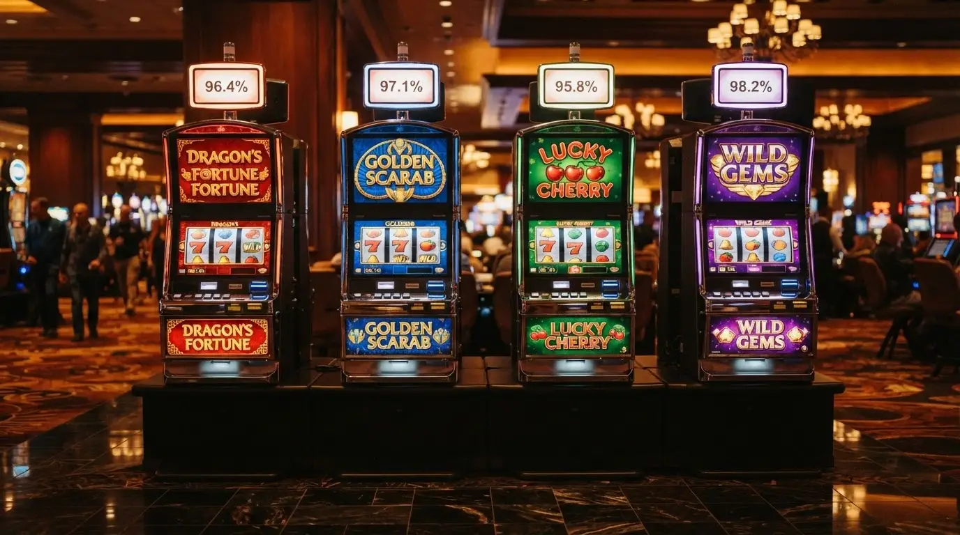 Un primo piano di quattro slot machine affiancate, ciascuna con il proprio pannello RTP% in evidenza, su sfondo da casinò