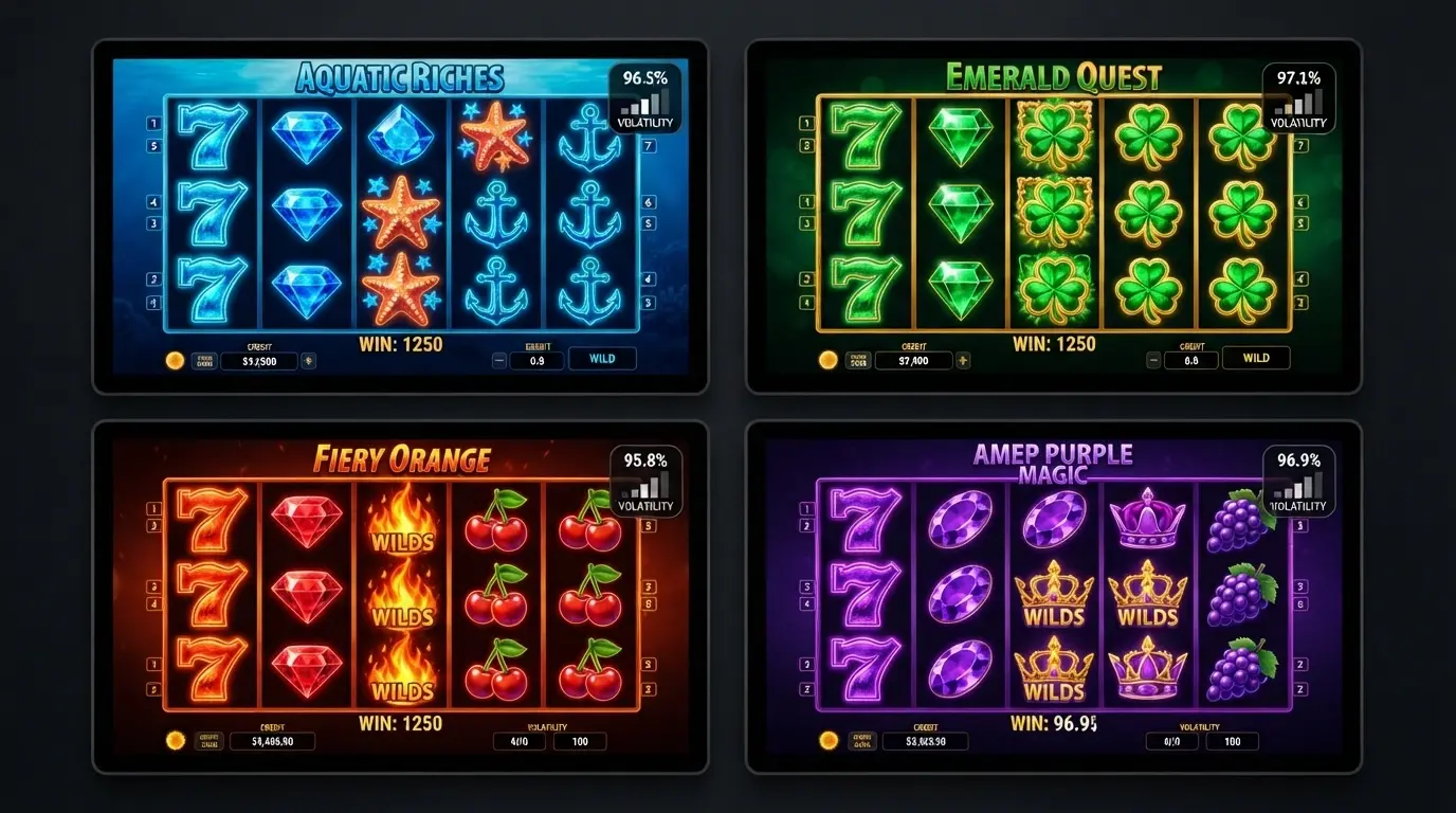 Una griglia di quattro slot machine online con i rispettivi valori di RTP e volatilità in sovrimpressione