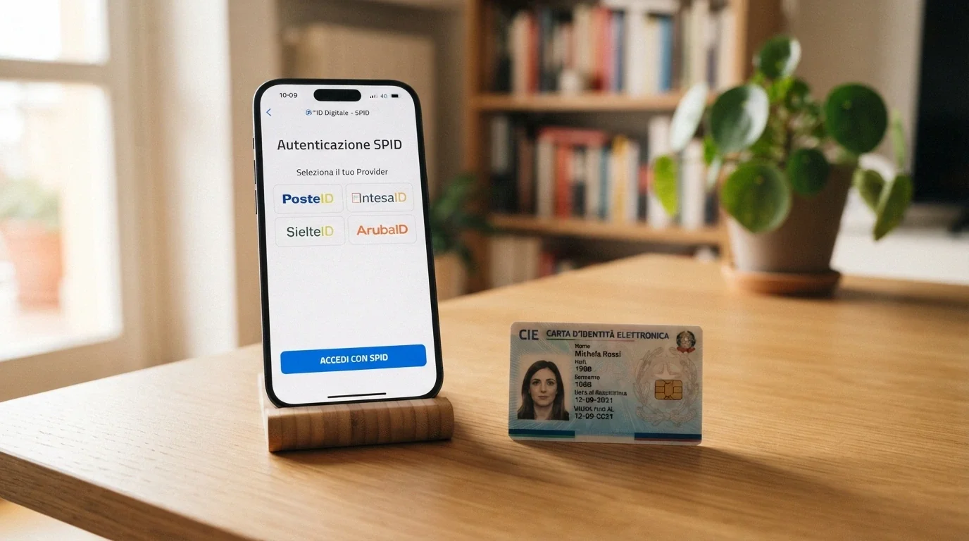 Uno smartphone che mostra la schermata di login SPID accanto a una Carta d'Identità Elettronica appoggiata sul retro del telefono per la lettura NFC.