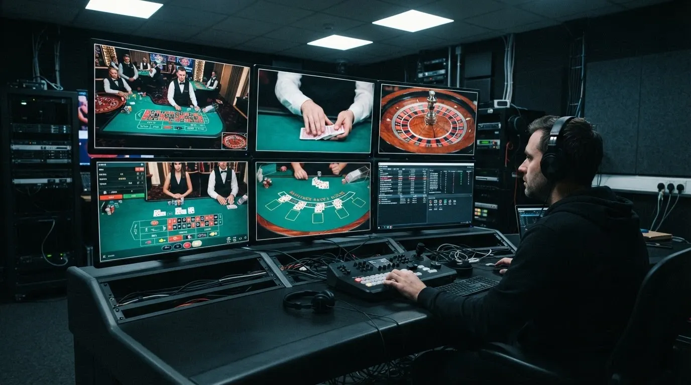 Una regia con schermi multipli che mostrano diverse inquadrature di uno studio di casinò live