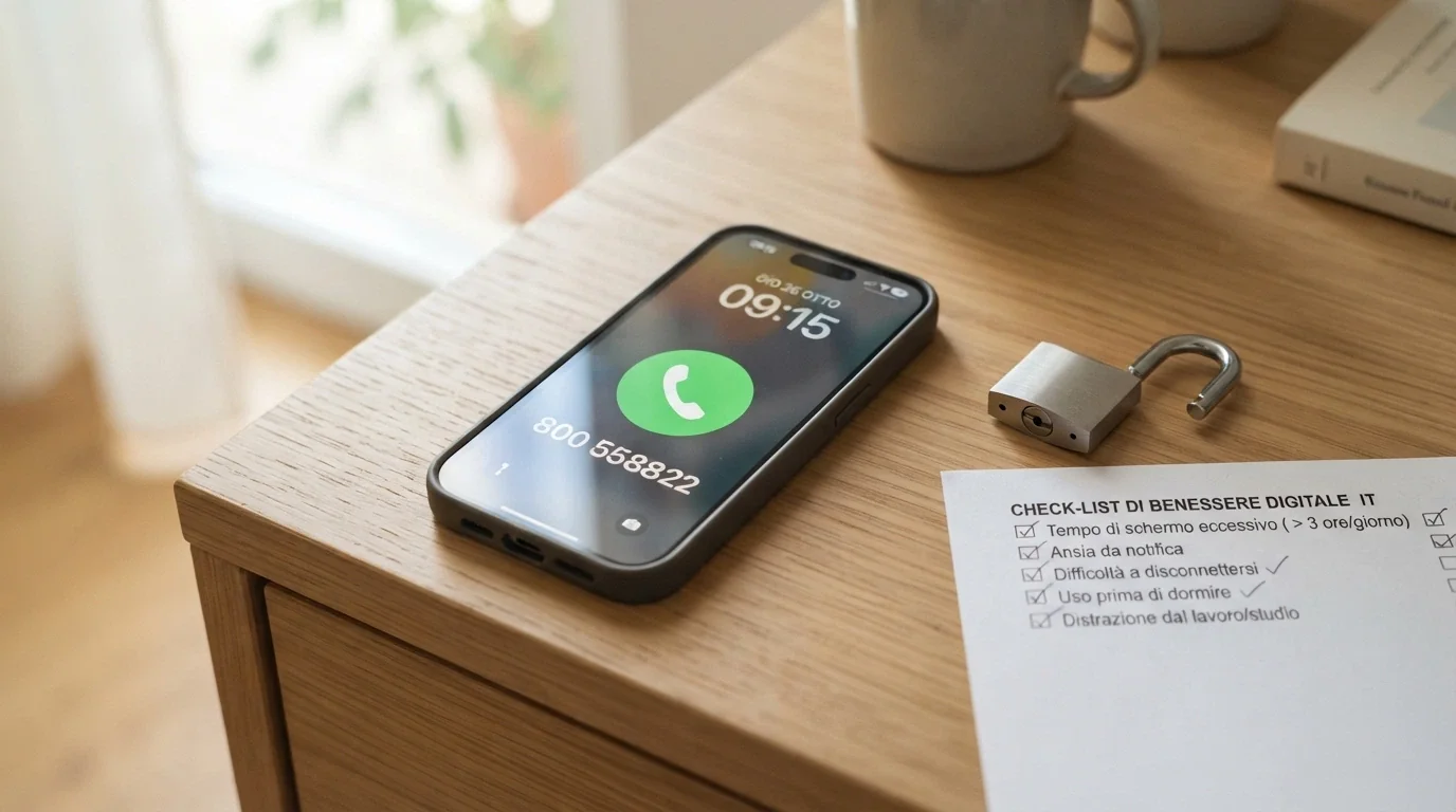 Un telefono con il numero verde 800 558822 sullo schermo, accanto a un lucchetto aperto e un modulo di autovalutazione