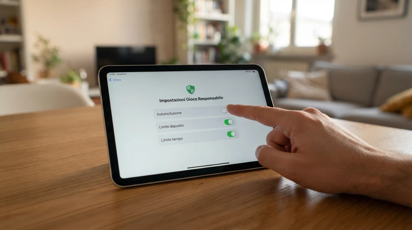 L'interfaccia di un pannello di controllo con tre interruttori: «Autoesclusione», «Limite deposito», «Limite tempo» e il logo RUA in alto