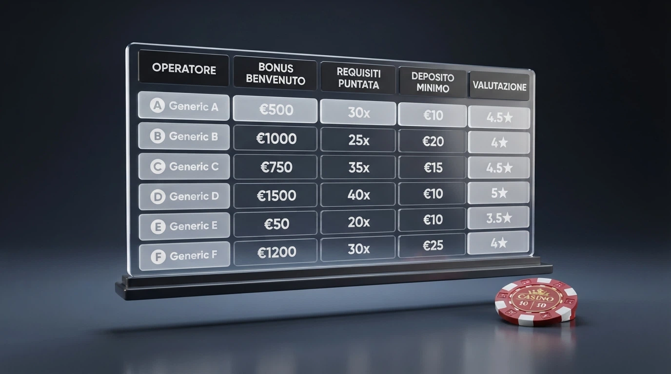 Una tabella comparativa stilizzata con righe di operatori e colonne di bonus, wagering e deposito minimo — i nomi reali non sono leggibili.