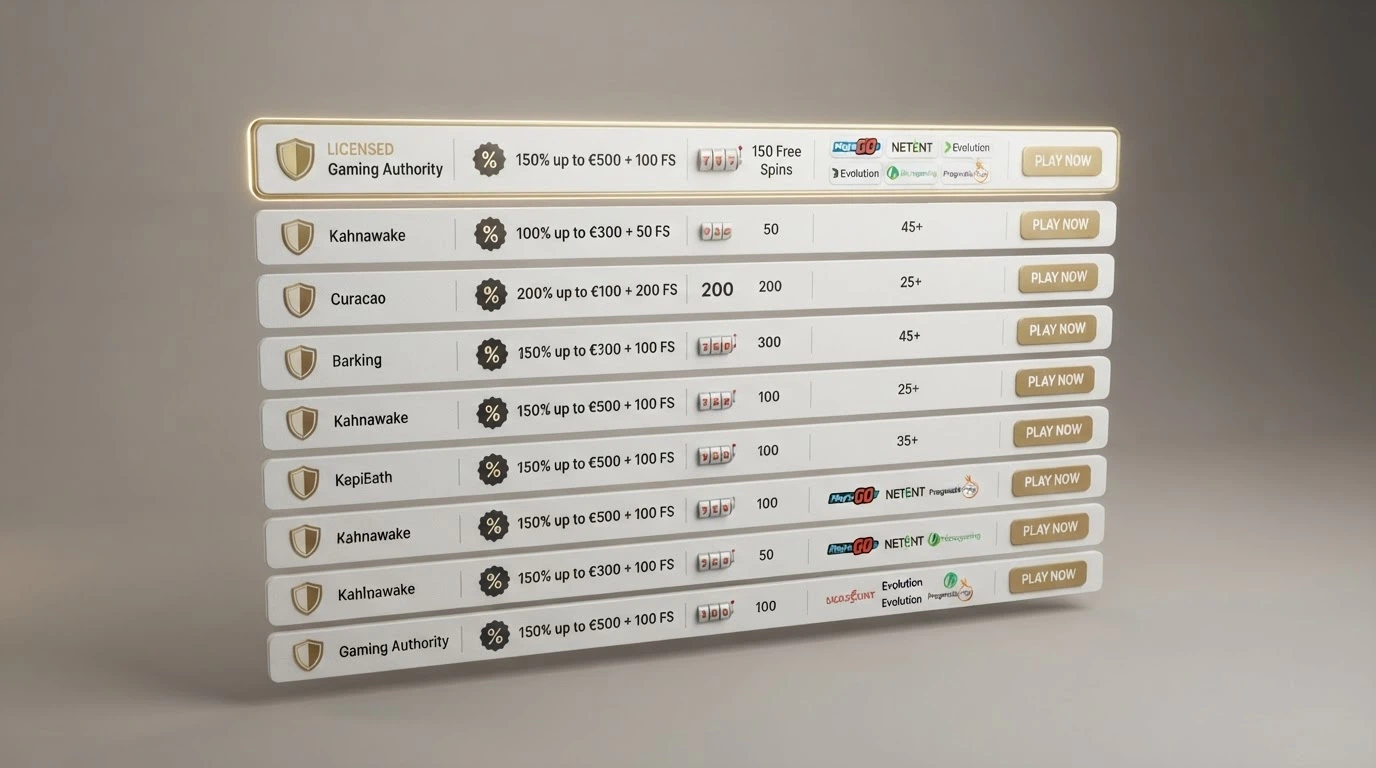 Una tabella comparativa stilizzata con 10 righe e diverse colonne, dove ogni riga rappresenta un casinò e le colonne mostrano licenza, bonus e free spin in formato iconografico