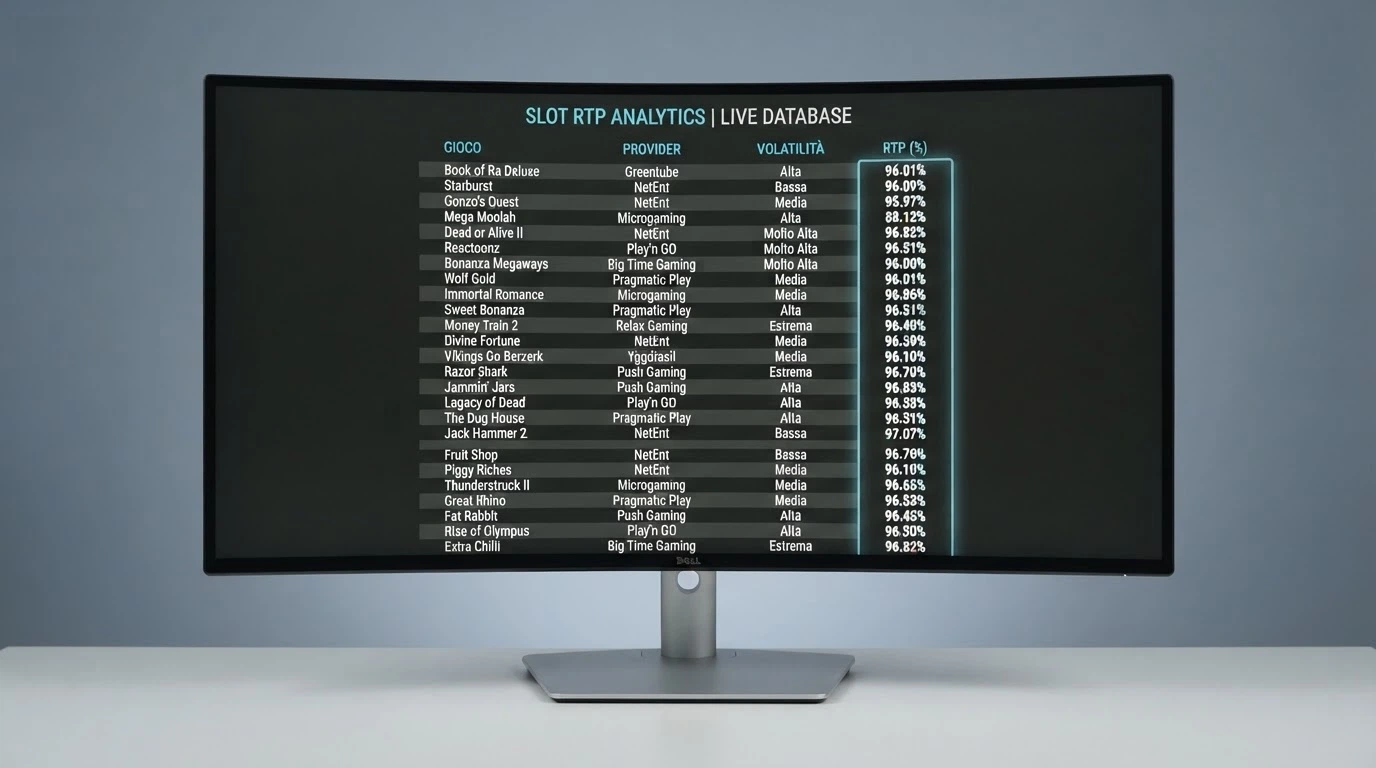 Un estratto di un database RTP con righe di slot, colonne di percentuali e il logo del provider accanto a ogni titolo