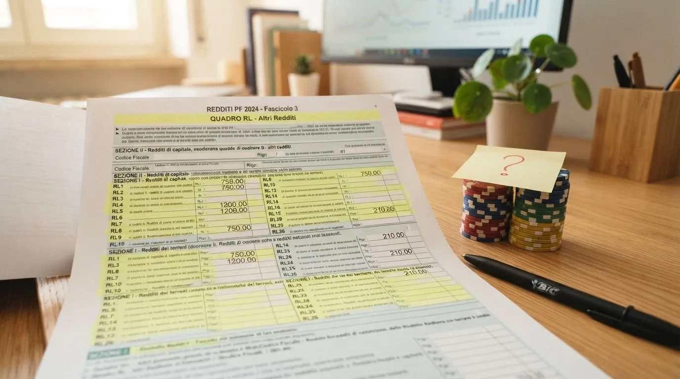 Un modulo fiscale italiano (Modello Redditi PF) con il quadro RL evidenziato, accanto a una pila di banconote con un punto interrogativo