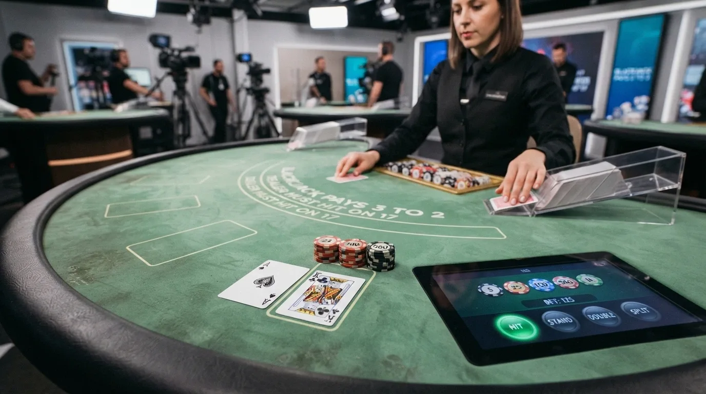 Tavolo da blackjack live con carte distribuite e interfaccia di puntata digitale visibile sullo schermo