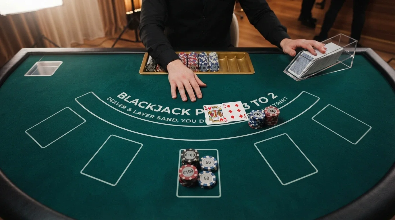 Un dealer in un casinò dal vivo visto dall'alto, con fiches da €50 e €100 sul tavolo verde