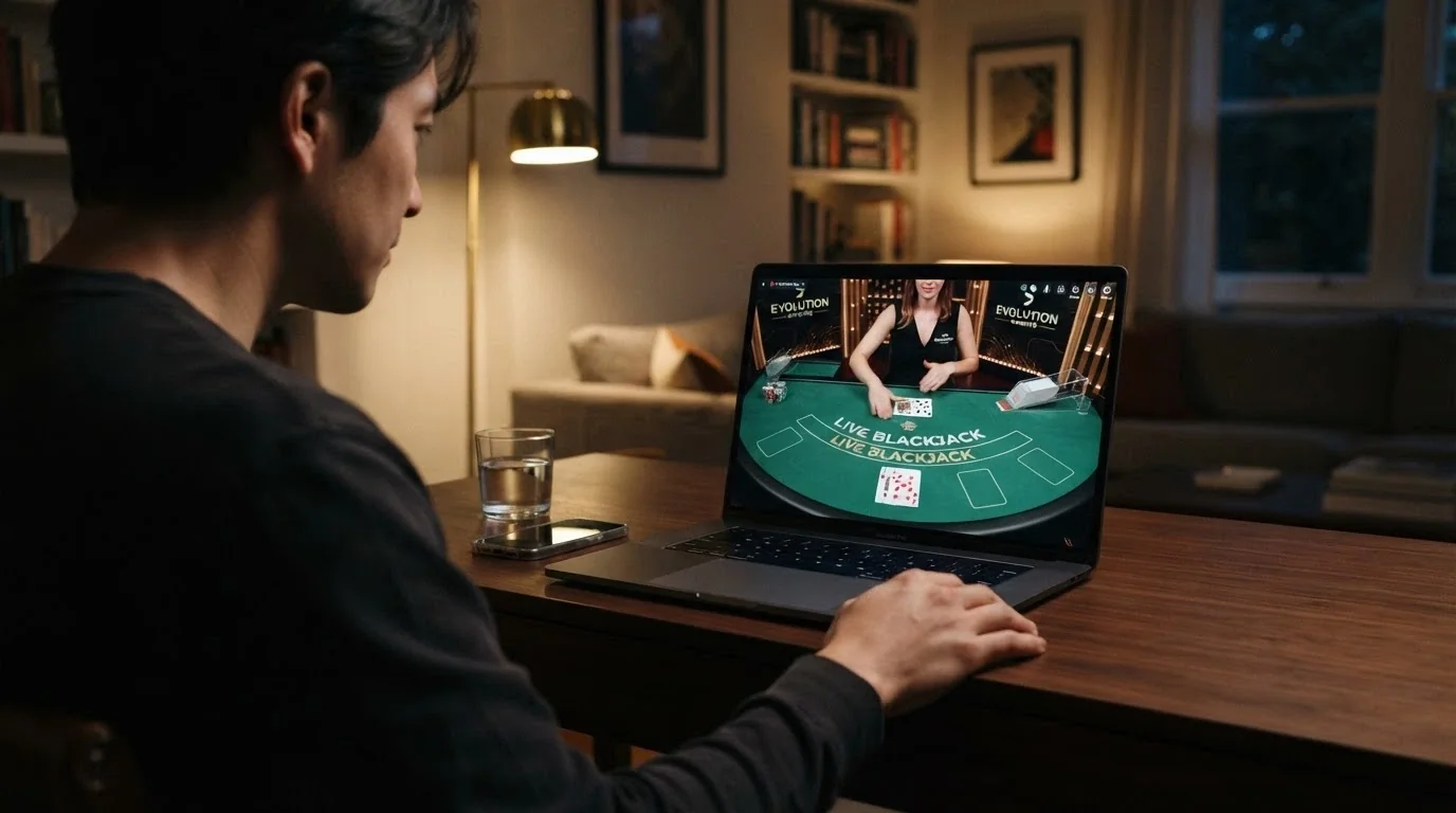Tavolo da blackjack con croupier dal vivo in streaming video su interfaccia casinò