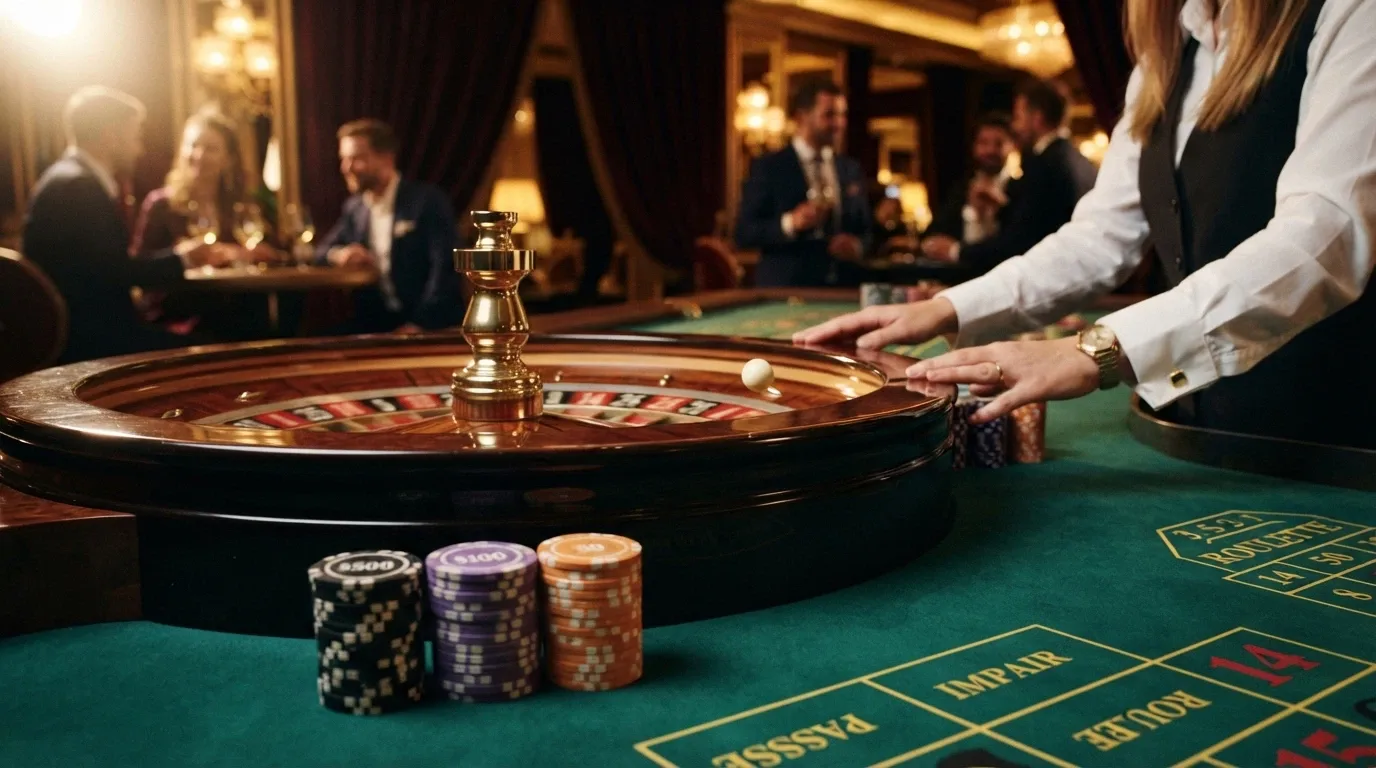 Un tavolo di roulette dal vivo con dealer in smoking, primi piani di fiches di alto valore e un giocatore VIP che piazza una puntata