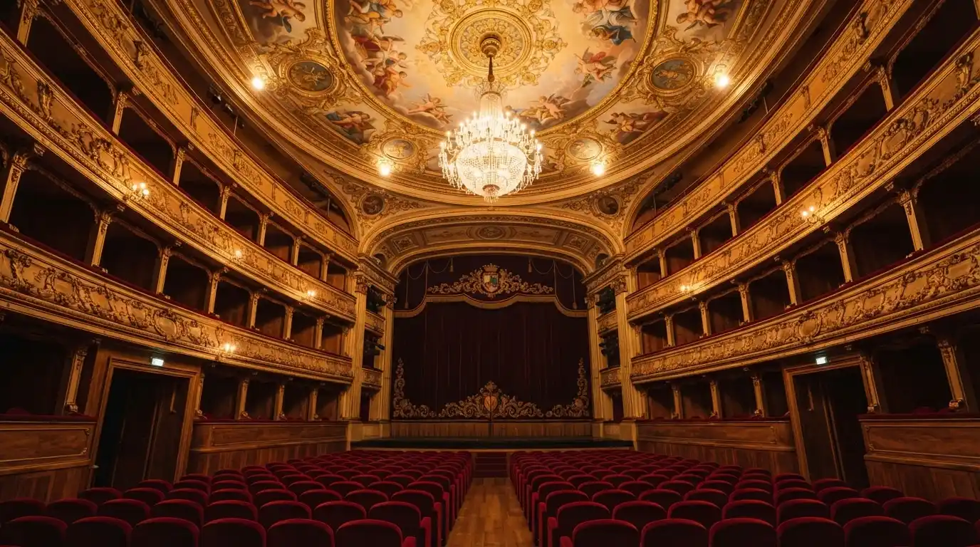 Interno del Teatro dell'Opera del Casinò di Sanremo con platea, palchi e soffitto affrescato