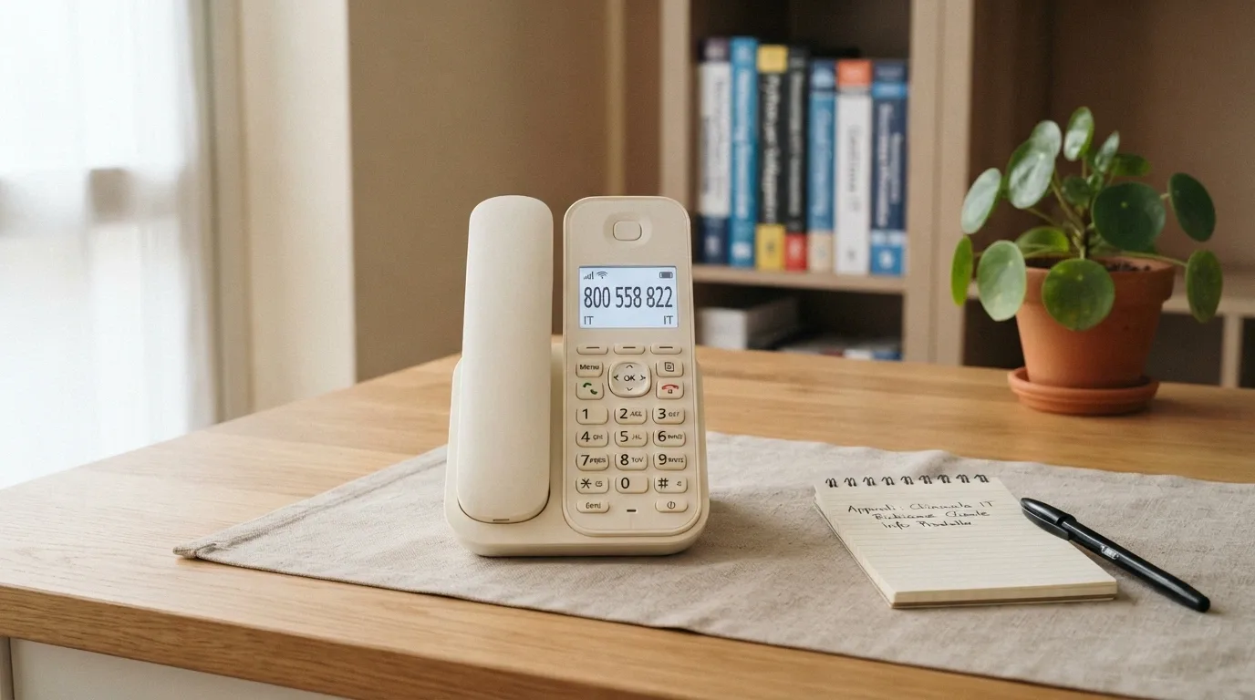Un telefono fisso con il numero 800 558 822 ben visibile sul display, appoggiato su una scrivania ordinata con un blocchetto per appunti e una penna