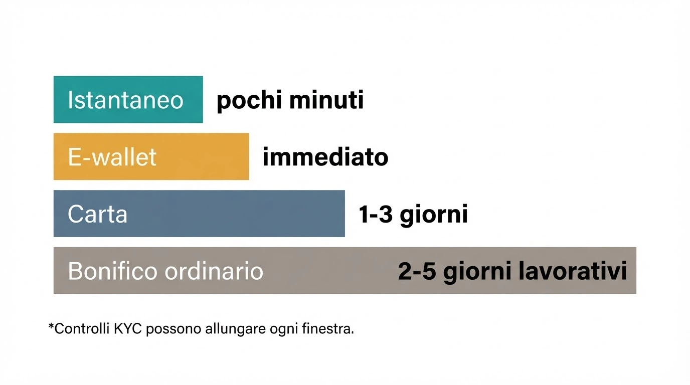 Una timeline che confronta i tempi di prelievo: bonifico istantaneo (minuti), e-wallet (immediato), bonifico ordinario (2-5 giorni), carta di credito (1-3 giorni), con l'indicazione dei controlli AML che possono allungare ogni finestra.