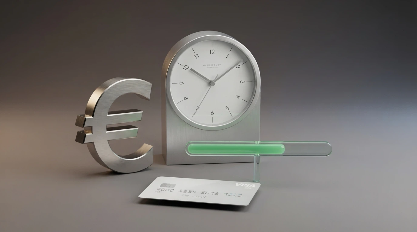 Un orologio accanto al simbolo dell'euro e una carta Postepay, con una barra di avanzamento