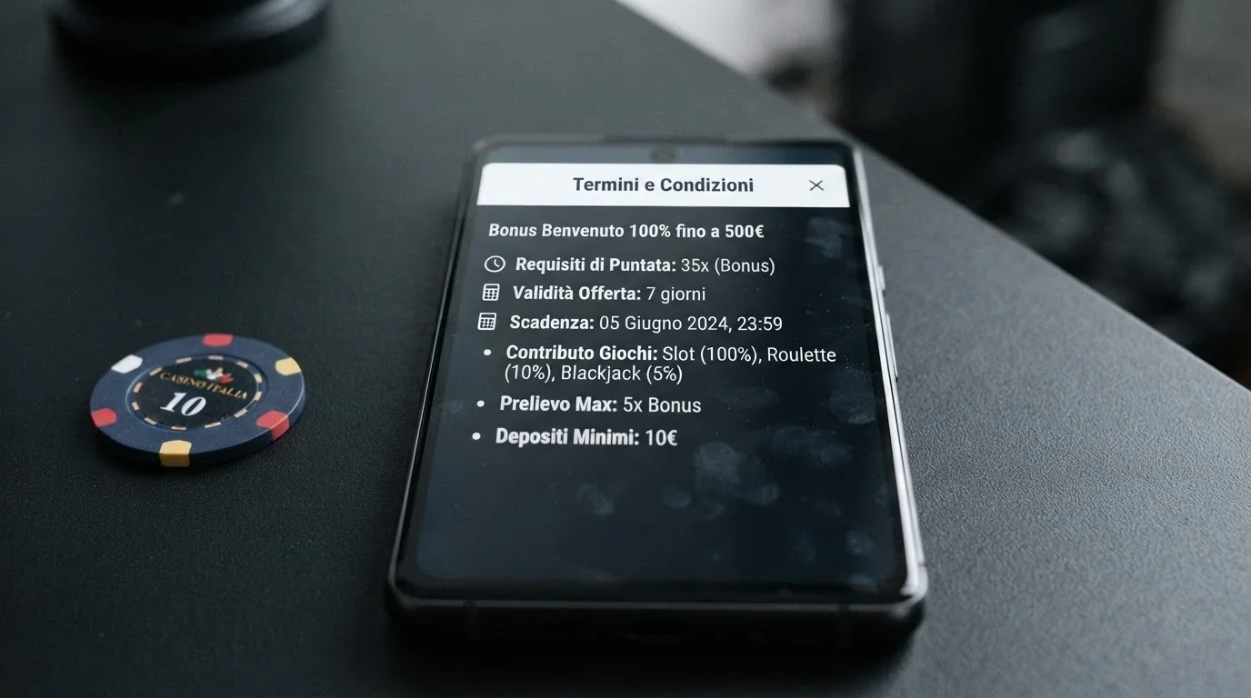 Primo piano di uno smartphone che mostra i termini e condizioni di un bonus casinò