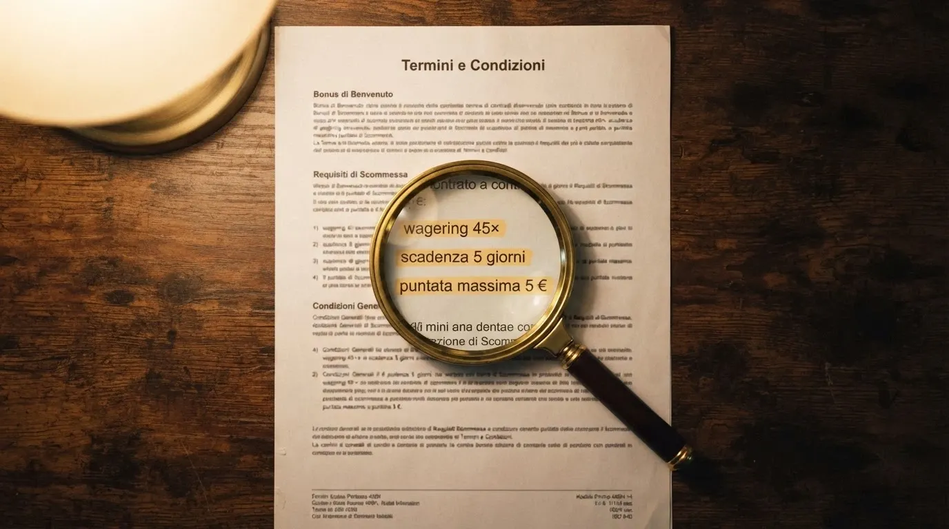 Una lente di ingrandimento su un contratto con evidenziate in giallo le voci «wagering 45×», «scadenza 5 giorni» e «puntata massima 5 €»