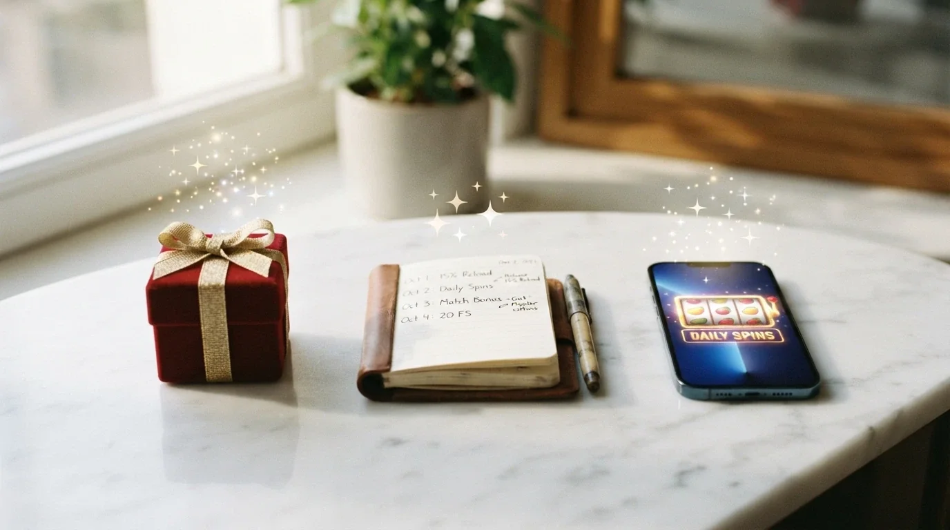 Tre colonne verticali che rappresentano tre tipi di offerta: un pacco regalo (benvenuto), un calendario (giornalieri), uno smartphone (mobile) con icone di free spin su ciascuna