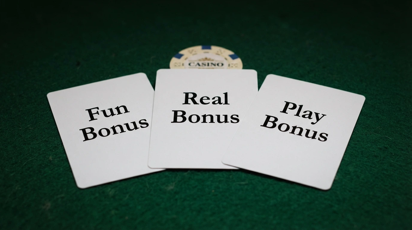 Tre carte da gioco con le etichette Fun Bonus, Real Bonus e Play Bonus disposte a ventaglio