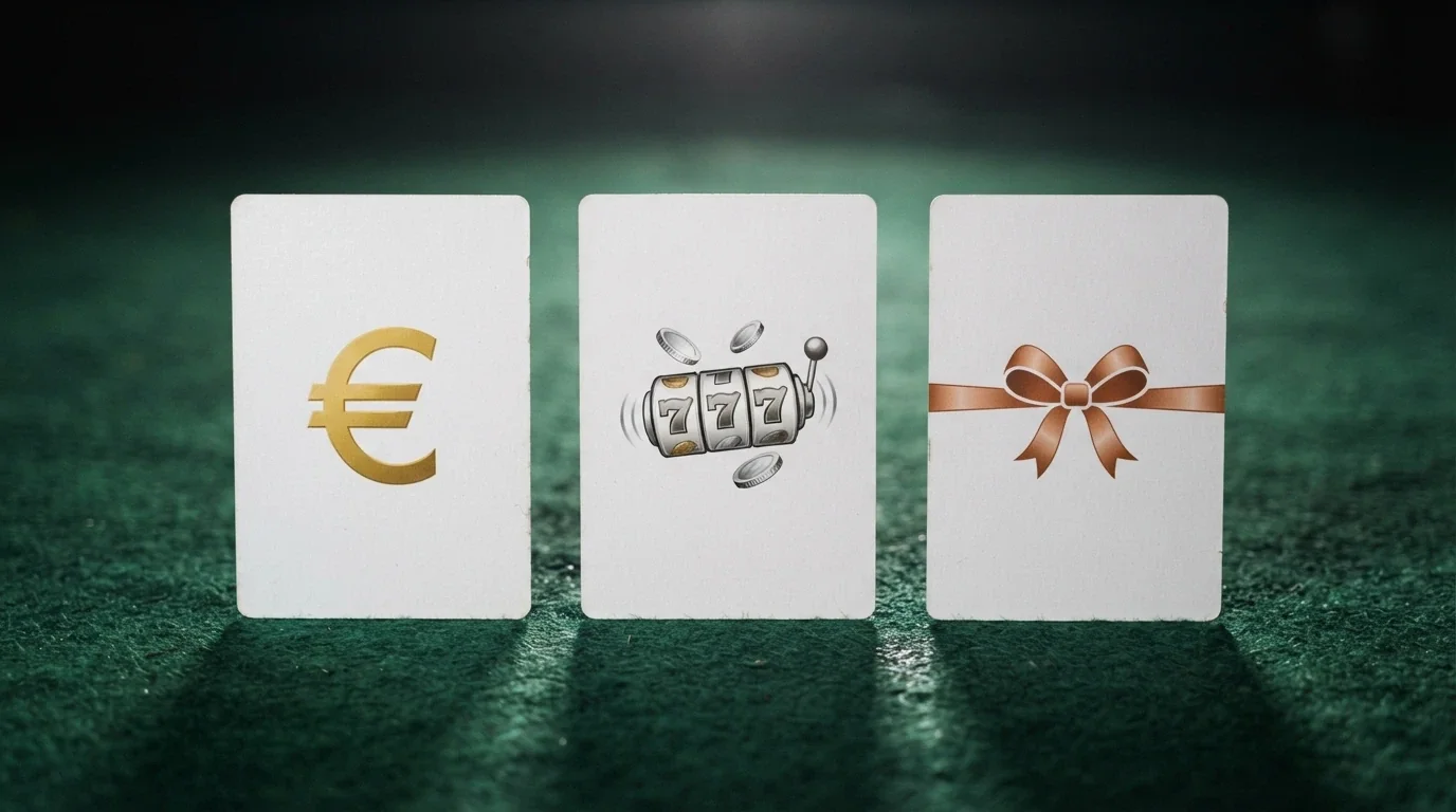 Tre carte da gioco affiancate con sopra scritto «Fun Bonus», «Free Spin» e «Bonus Registrazione», ciascuna con un simbolo diverso di valuta o slot