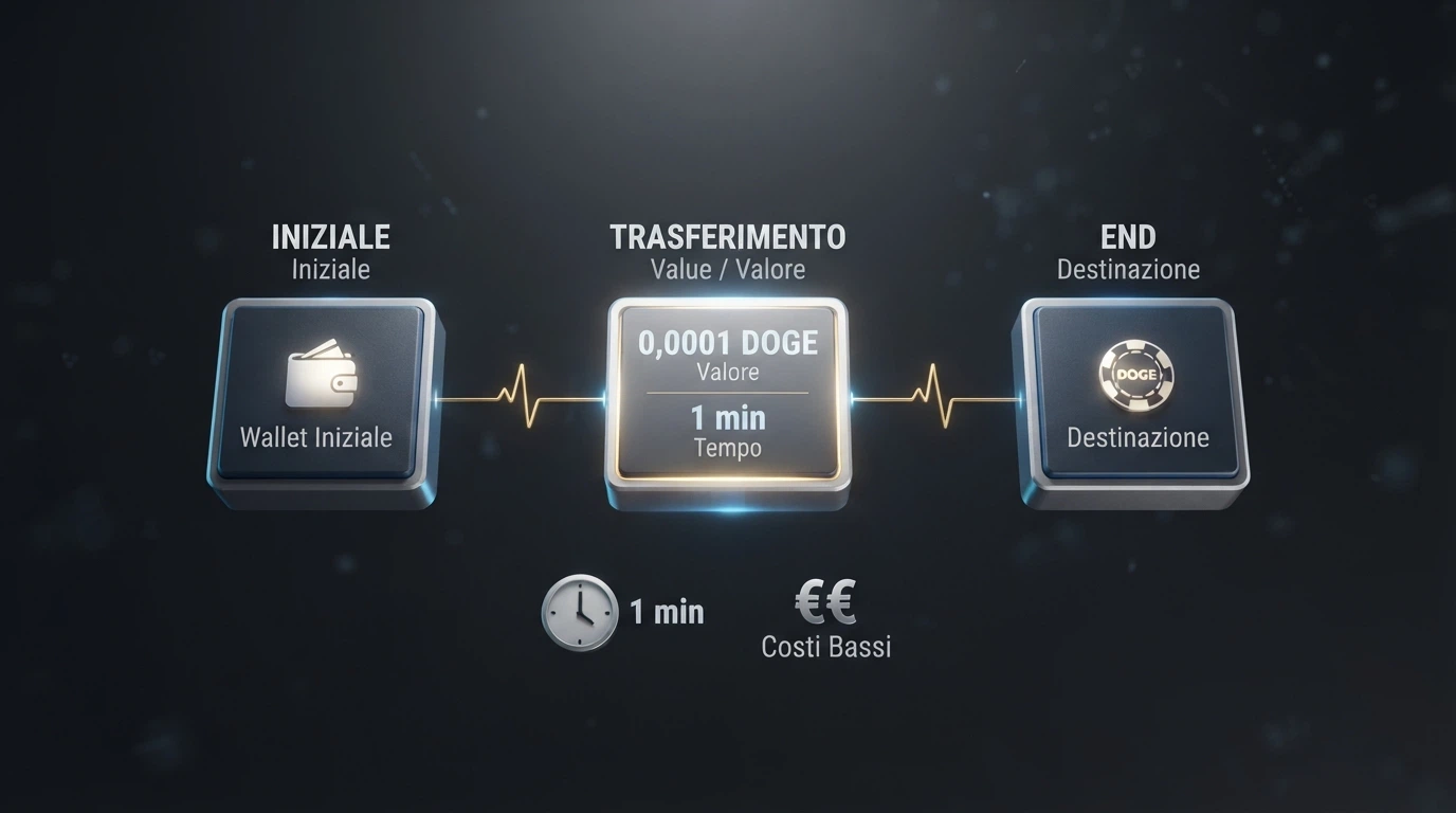 Una rappresentazione semplificata di una transazione DOGE sulla blockchain: mittente, destinatario, commissione «0,0001 DOGE» e tempo «1 min»