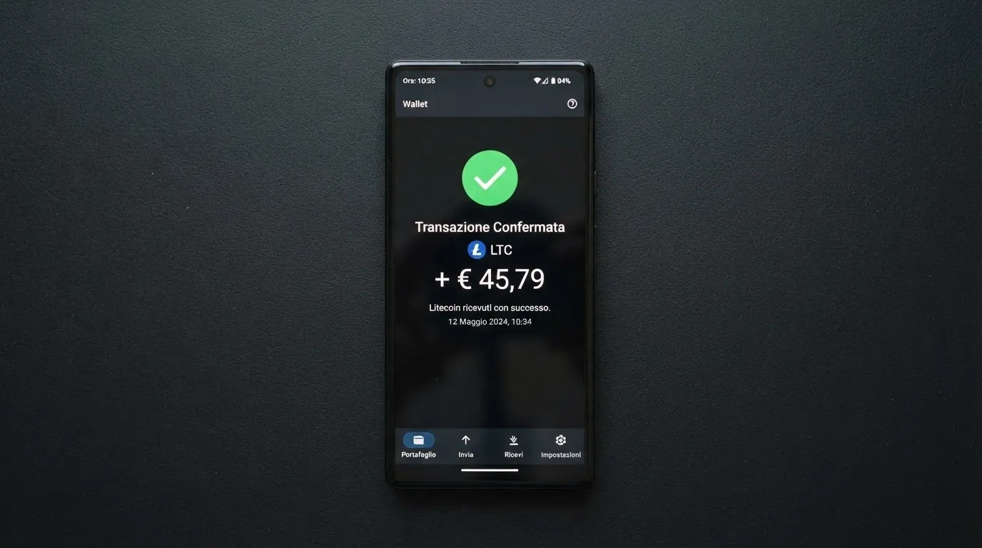 Interfaccia di un wallet Litecoin con transazione in uscita verso un casinò online