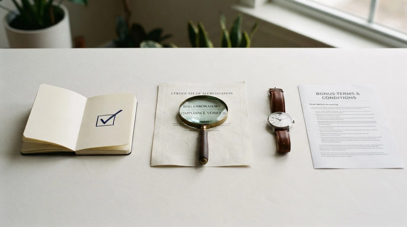 Tre icone in fila: un registro con segno di spunta (verifica concessione ADM), un certificato con lente (controlla il logo del laboratorio), un orologio con documento (leggi i termini del bonus prima di accettare)