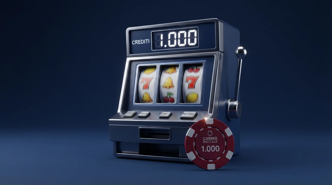 Una slot machine stilizzata con un contatore di giri che segna «1.000» e una moneta da 10 centesimi in primo piano