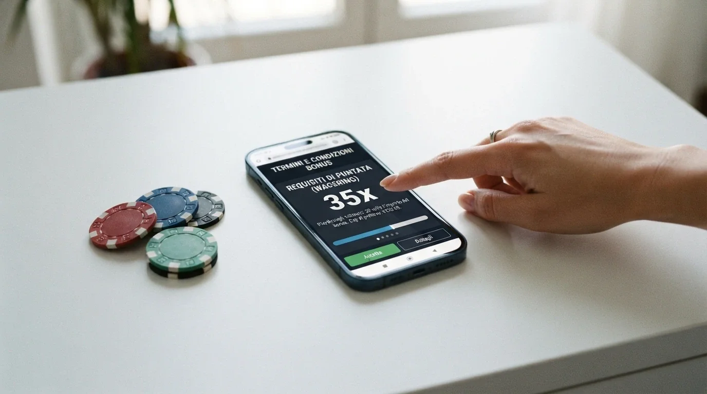Un primo piano di uno smartphone con la schermata dei termini e condizioni di un bonus free spins, con i requisiti di puntata evidenziati