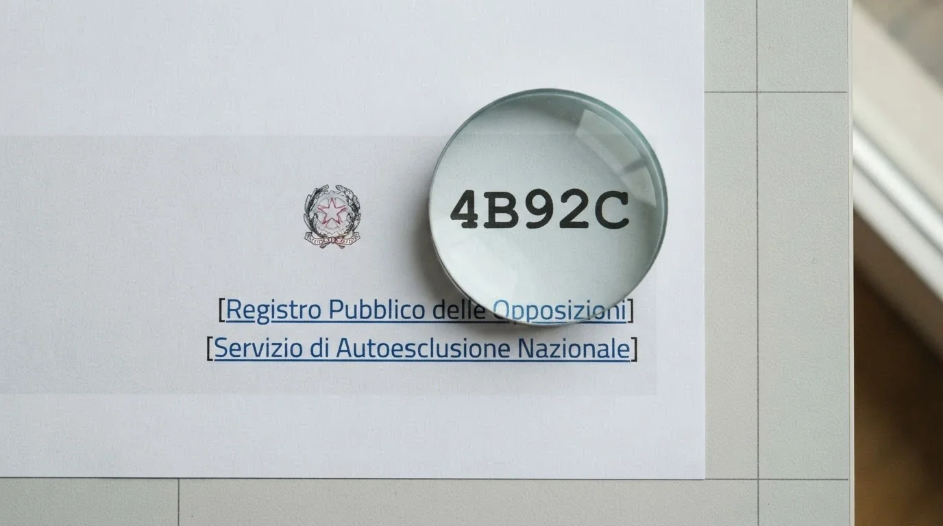 Dettaglio del footer di un casinò autorizzato: logo ADM, codice GAD 15211, link al concessionario e al RUA evidenziati con una lente virtuale