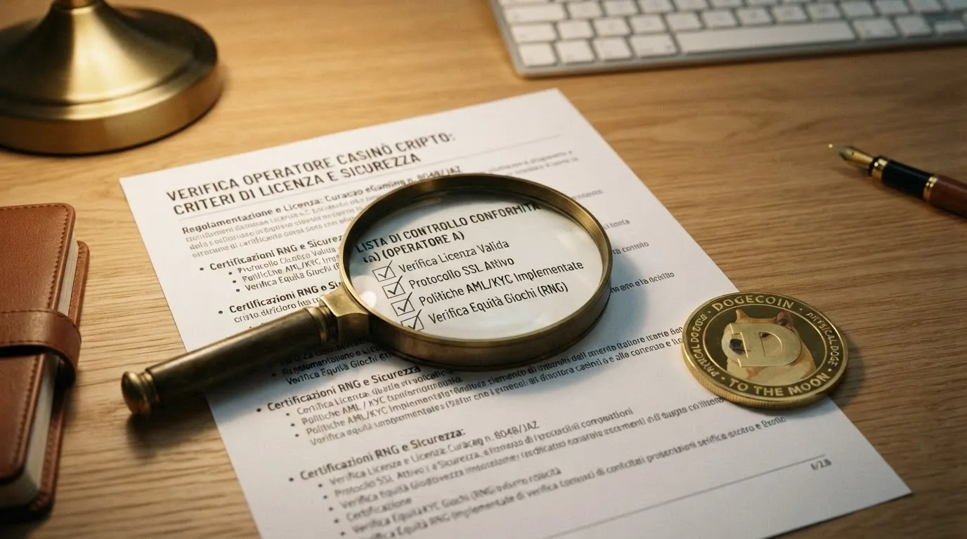 Una lente di ingrandimento su una licenza di gioco con il logo DOGE e un checklist di criteri: licenza, bonus, accessibilità, accettazione DOGE