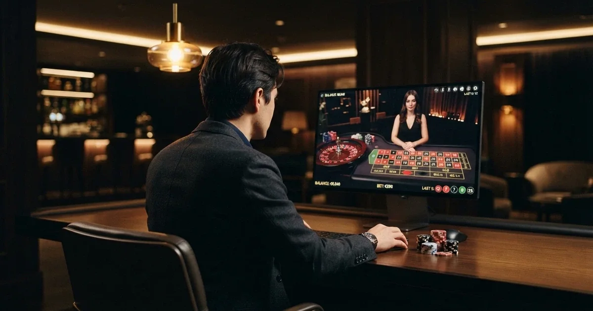 Un giocatore in un'area riservata di un casinò online con un dealer dedicato alle spalle e un'interfaccia di gioco premium